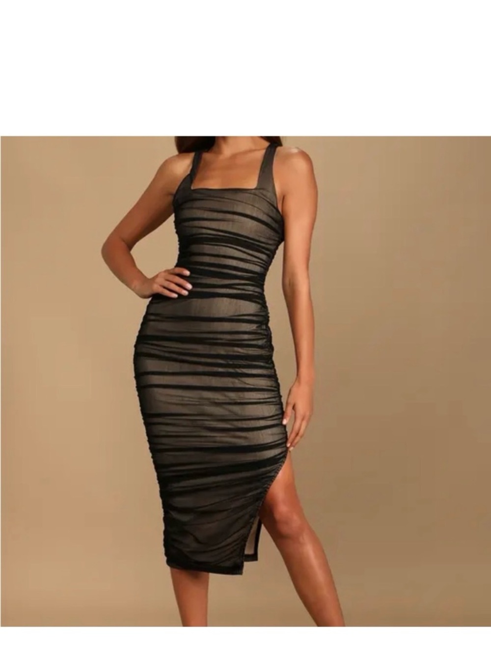 Lulu's Black Ruched Midi Sheath Dress with Square Neck